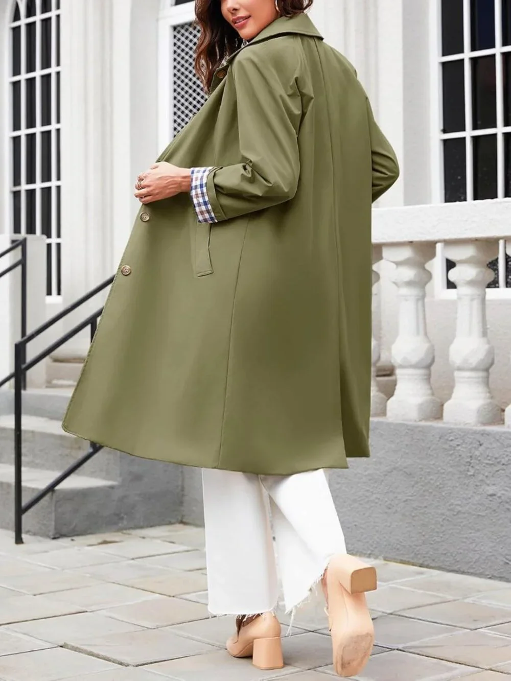 Women's Green Long Sleeve Oversized Single Breasted Windproof Winter Trench Coat